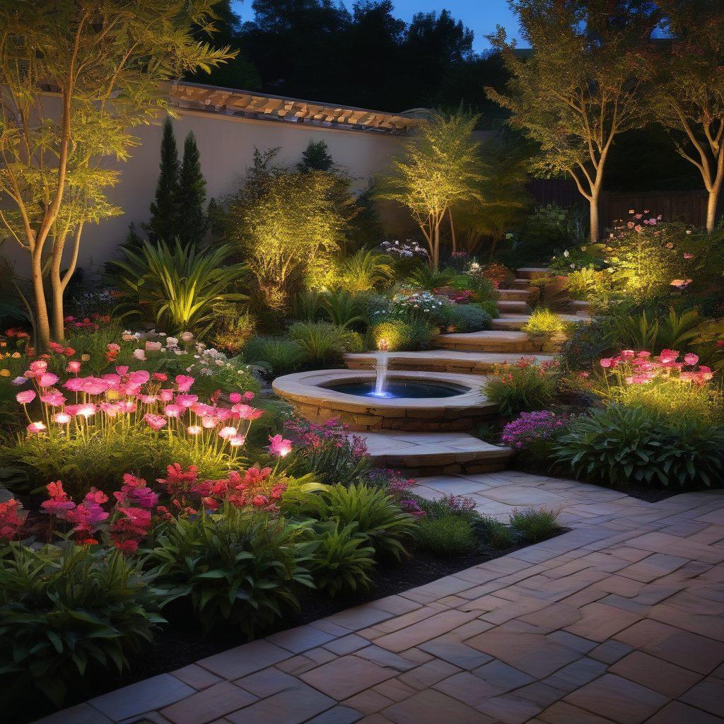 A lush, vibrant garden at twilight, showcasing elegant and sustainable landscape lighting illuminating various plants and pathways. Include a water feature reflecting the soft glow of the lights and comfortable seating areas surrounded by blooming flowers. The scene should evoke tranquility and charm, highlighting the harmony between nature and intelligent design. super-realistic. vibrant colors. dusk lighting.