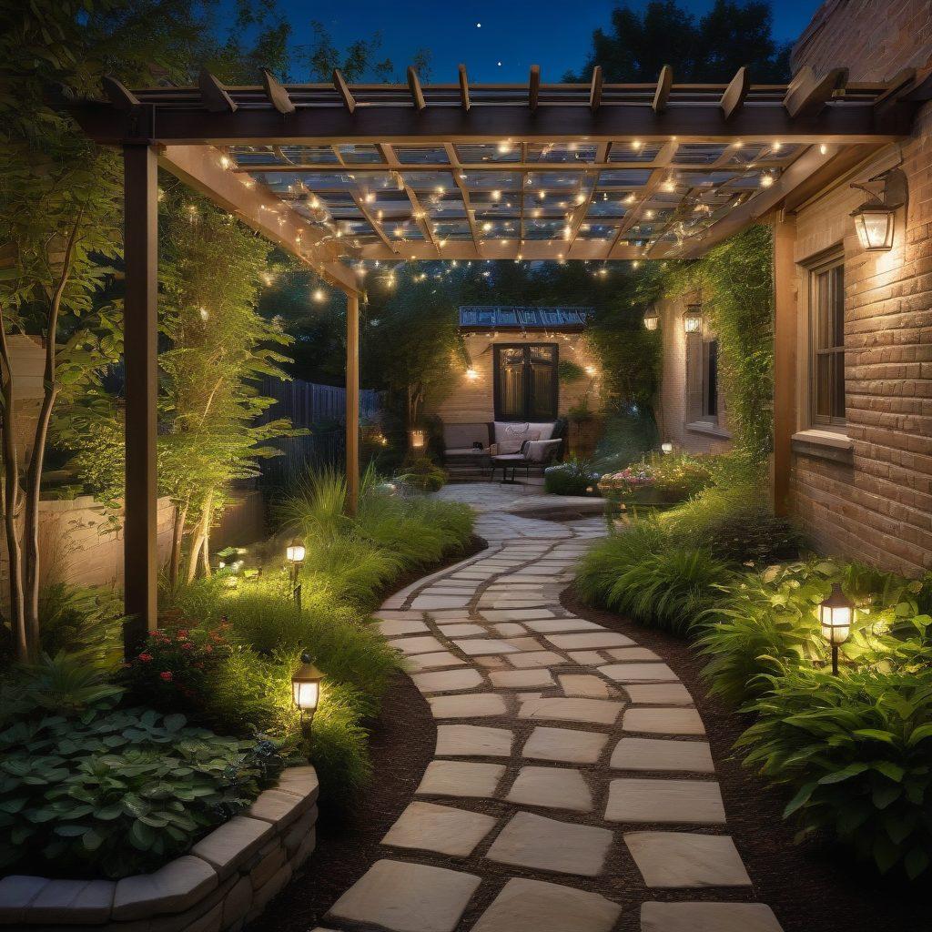A serene outdoor garden illuminated with various innovative energy-efficient landscape lighting solutions, showcasing soft, warm glows from solar-powered lights and elegant LED fixtures. The scene includes lush green plants and trees with twinkling lights intertwined, a cobblestone path leading through the garden, and a cozy seating area under a gently glowing pergola. A starry night sky adds to the enchanting atmosphere. vibrant colors. super-realistic.